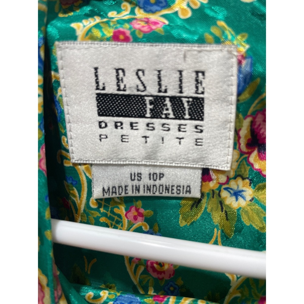 Vintage Leslie Fay Petites Green Floral Mini Dress size 10p Damask Boho 90s - Picture 6 of 11